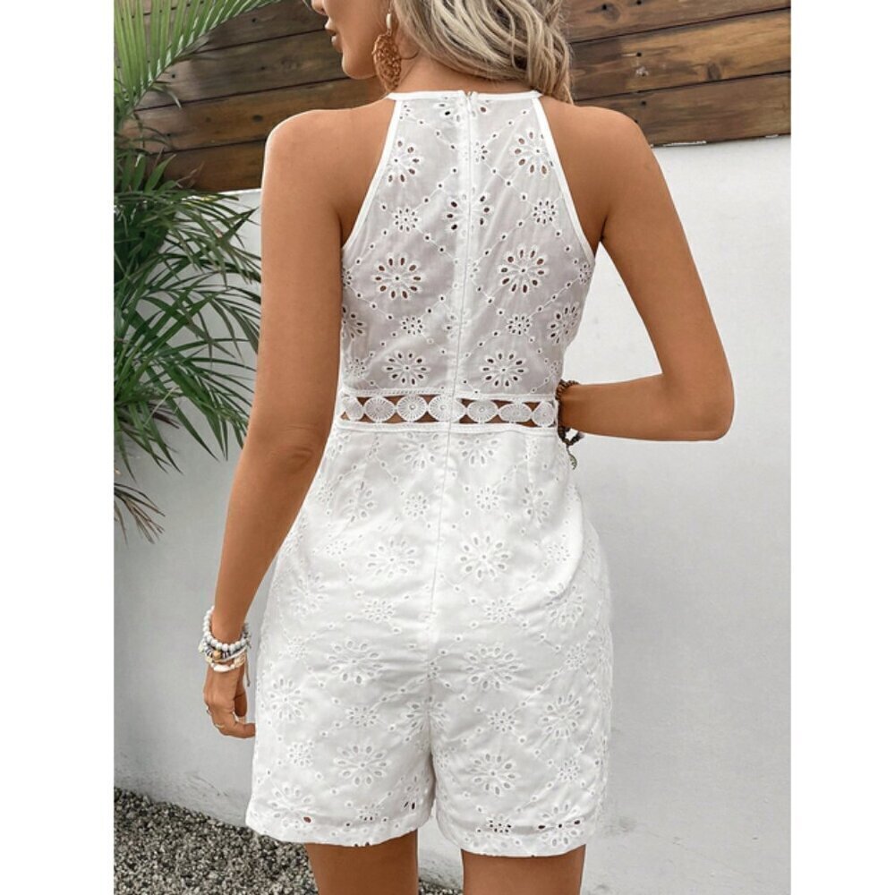 White Boho Women's Hollow Out Embroidered Waist Cinched Sleeveless Romper - Picture 2 of 6